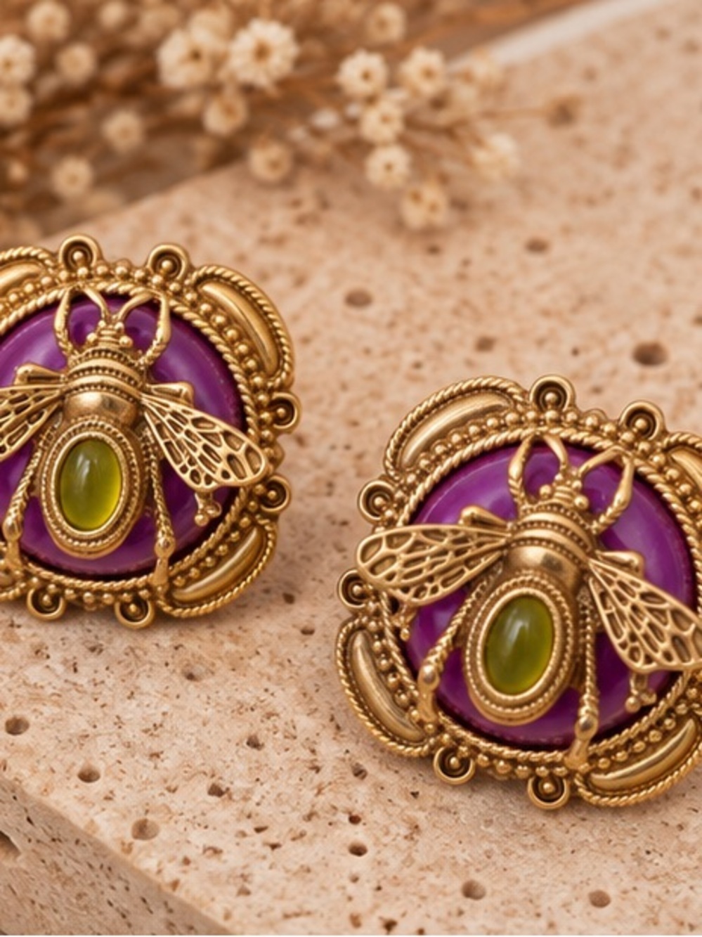 Vintage Inspired Purple Bee Statement Stud Earrings